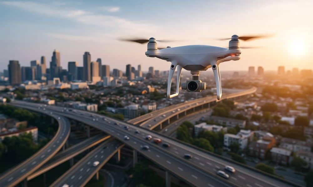 Drone capturing LiDAR mapping data over urban infrastructure - ALTA SURVEY Tennessee Drone capturing LiDAR mapping data over a city to support infrastructure planning and elevation analysis.