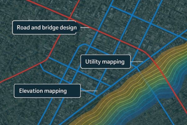 Key Infrastructure Applications of LiDAR - ALTA SURVEY Tennessee Composite illustration showing LiDAR mapping overlays of roads, utilities, and elevation data on a city map for infrastructure planning