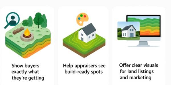 LiDAR Enhances Property Sales and Valuation - ALTA SURVEY Tennessee Infographic showing how LiDAR enhances property sales with buyer transparency, appraisal support, and marketing visuals for rural land listings