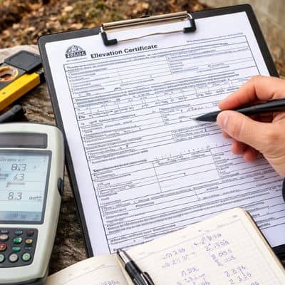 Surveyor completing paperwork and measurements for a FEMA elevation certificate during a property review