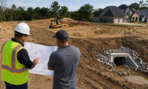 Engineers reviewing a site plan for grading and drainage on a residential construction site, showing how engineering services guide early planning