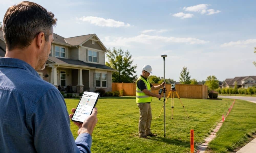 Homeowner searching for a residential land surveyor near me while a licensed surveyor measures property boundaries outside a suburban home