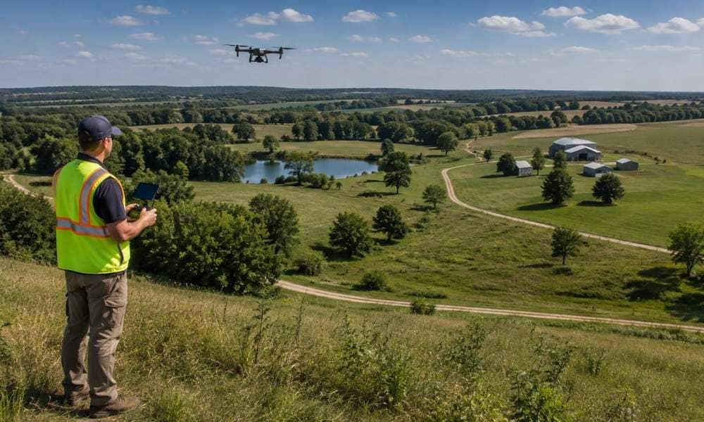 Surveyor using drone mapping to document large rural acreage near Clarksville, Tennessee