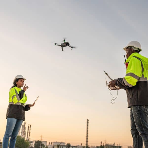 Drone surveying team field operations - ALTA SURVEY Tennessee Engineers performing drone surveying in the field using a flying drone and tablet to capture accurate site data