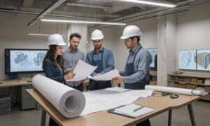 Civil engineers and project managers reviewing a site plan together to ensure faster project approvals