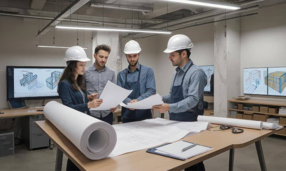 Engineers reviewing site plan in office - ALTA SURVEY Tennessee Civil engineers and project managers reviewing a site plan together to ensure faster project approvals