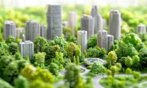 A city model showing how urban planning uses trees, green spaces, and smart layouts to keep neighborhoods cooler and more comfortable