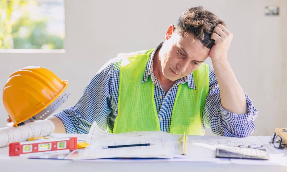 Frustrated homeowner reviewing construction plans, a common moment when people realize they need a geotechnical engineer