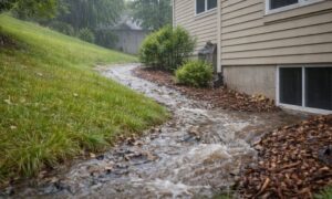 Sloped yard rainwater drainage - ALTA SURVEY Tennessee Rainwater flowing downhill beside a home foundation during heavy rain, showing why a topographic survey helps identify drainage risks