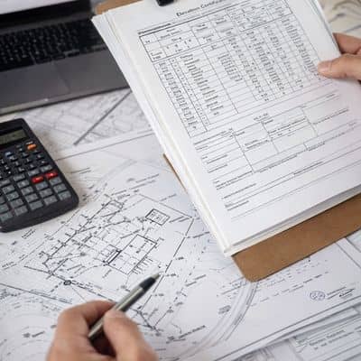 Survey documents and property measurements being reviewed for an elevation certificate request