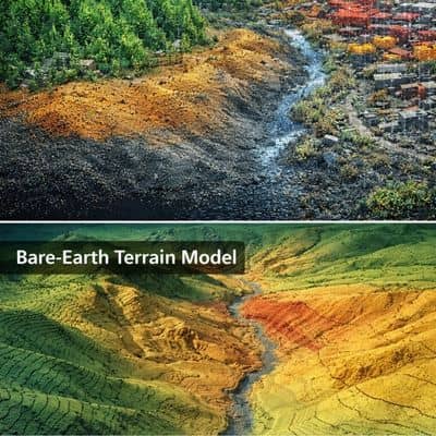 Terrain model point cloud vs bare earth - ALTA SURVEY Tennessee Comparison of lidar mapping results showing raw point cloud data versus processed bare-earth terrain model