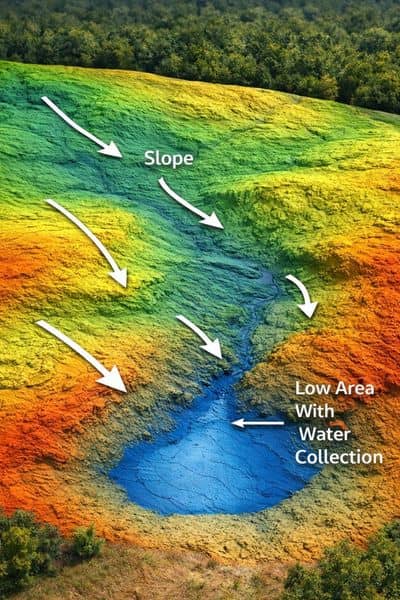 Detailed lidar mapping view showing elevation changes, slope direction, and water flow across a property before construction