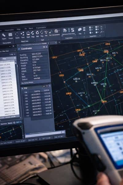 High-precision GPS survey data displayed on digital mapping software used by surveying companies to ensure accurate land measurements