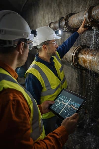 Engineers inspecting underground pipes - ALTA SURVEY Tennessee Civil engineers inspecting underground pipes and subsurface infrastructure to assess risk and prevent future failures