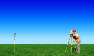 Cadastral surveyor using surveying equipment to measure and verify property lines in an open field