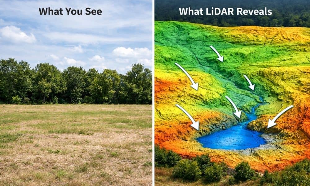 Side by side view of a property and lidar mapping showing how water flows and collects in low areas before construction