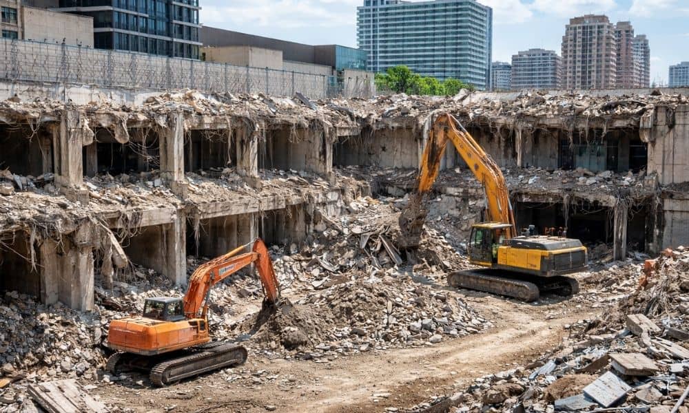 Old mall demolition redevelopment site - ALTA SURVEY Tennessee Demolition of an old commercial site with heavy equipment during a construction survey to assess existing conditions