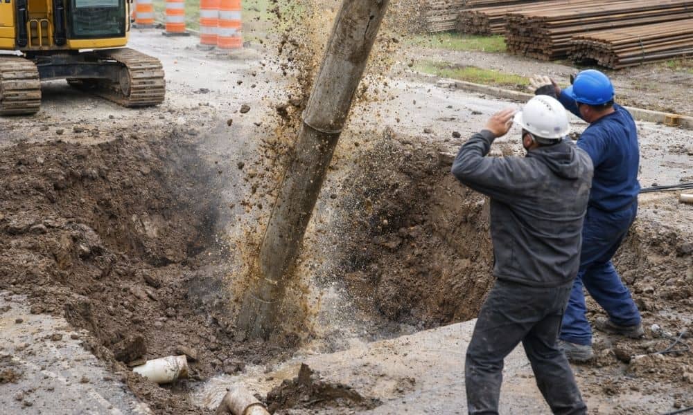 Construction surveyor inspecting a trench where an underground pipe failure caused soil movement and safety risk