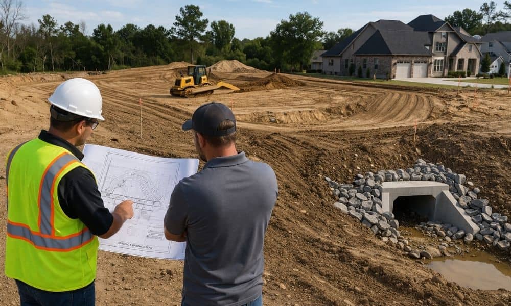 Engineers reviewing a site plan for grading and drainage on a residential construction site, showing how engineering services guide early planning