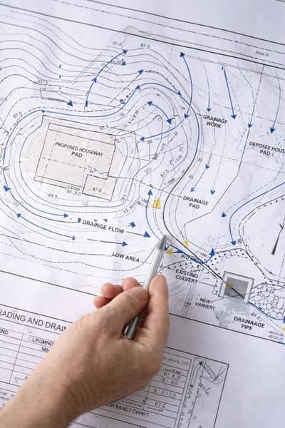 Detailed grading and drainage plan with contour lines and water flow directions, showing how engineering services guide site design and runoff control