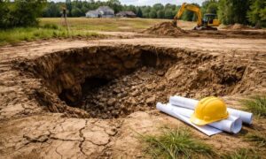 Grassy land underground hints - ALTA SURVEY Tennessee A realistic grassy land plot showing subtle signs of hidden sinkholes beneath the surface for land development planning