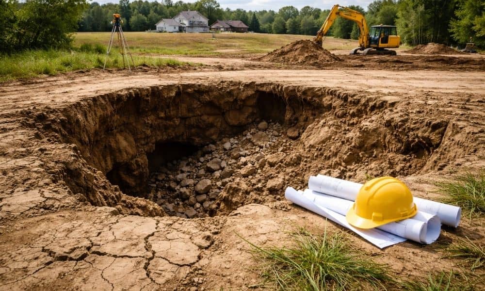 A realistic grassy land plot showing subtle signs of hidden sinkholes beneath the surface for land development planning