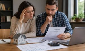 Homebuyer reviewing appraisal documents and looking concerned about property details while considering land surveyors in my area