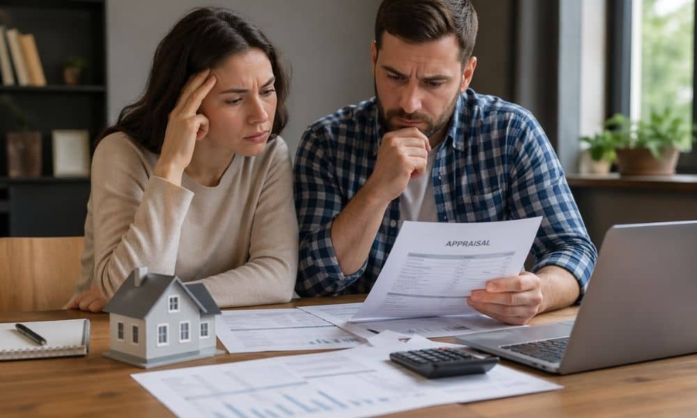 Homebuyer reviewing appraisal documents and looking concerned about property details while considering land surveyors in my area