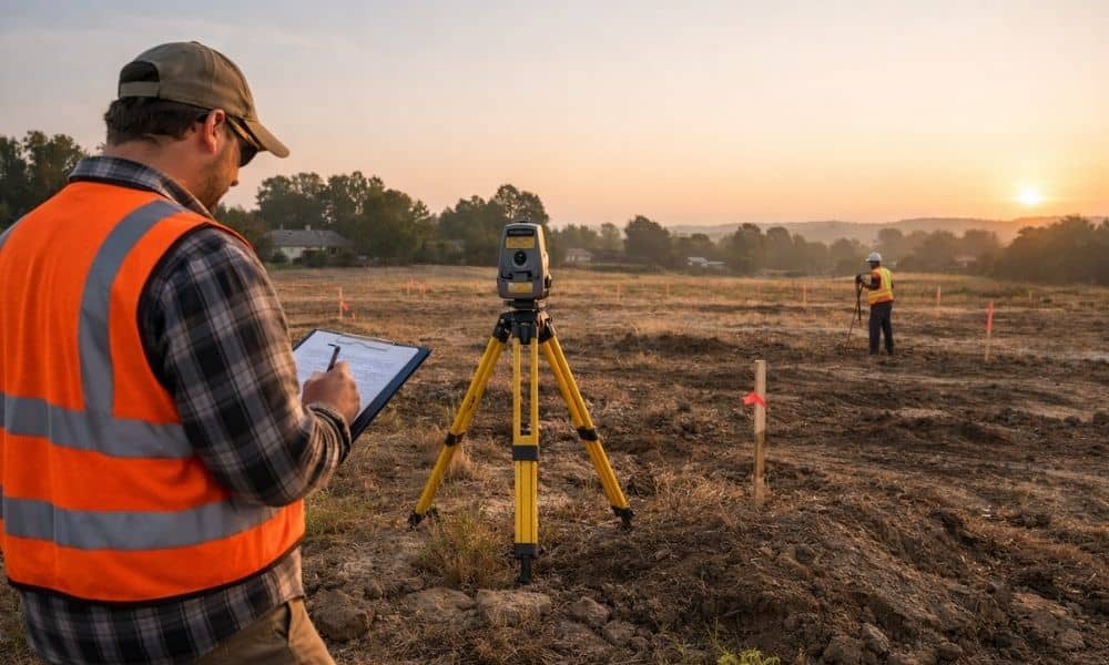 Surveyor using equipment to measure an open field before site work begins, showing how surveying companies help identify issues early