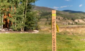 Wooden stake marking a property corner on a grassy lot