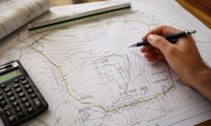 A topographic survey map with contour lines showing how land elevation changes across a residential lot for home placement
