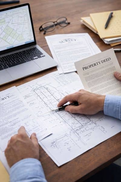 Reviewing property documents and survey map - ALTA SURVEY Tennessee Close-up of property documents and survey map being reviewed to understand property survey cost before hiring a surveyor
