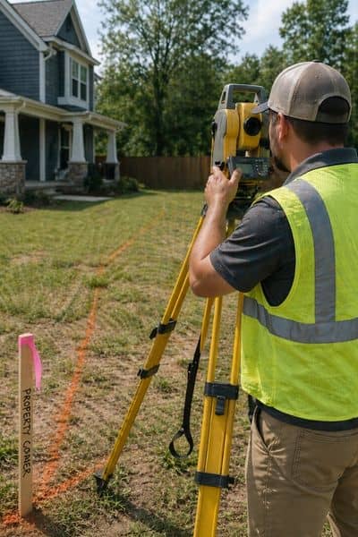 Surveyor measuring property boundaries on a residential lot to verify details for buyers searching land surveyors in my area