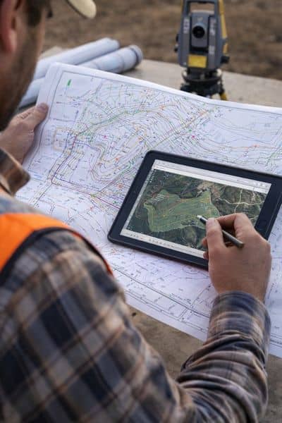 Surveyor reviewing site plans and digital data on a tablet before construction, showing how surveying companies analyze land conditions