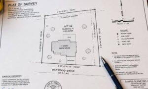 Close-up of a printed plat of survey showing property boundaries, lot dimensions, and land details on a desk