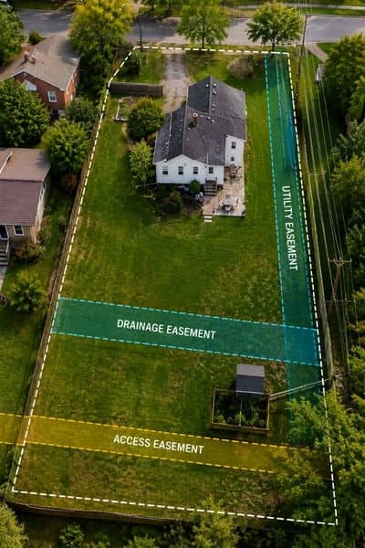 Survey markers and utility access areas near a residential property showing how easements can affect land use and future plans