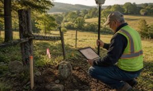 Licensed land surveyor locating property lines by investigating a missing stone boundary marker on an older farm