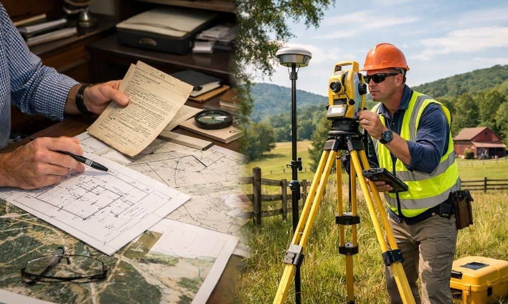Licensed land surveyor reviewing property records before conducting a field survey