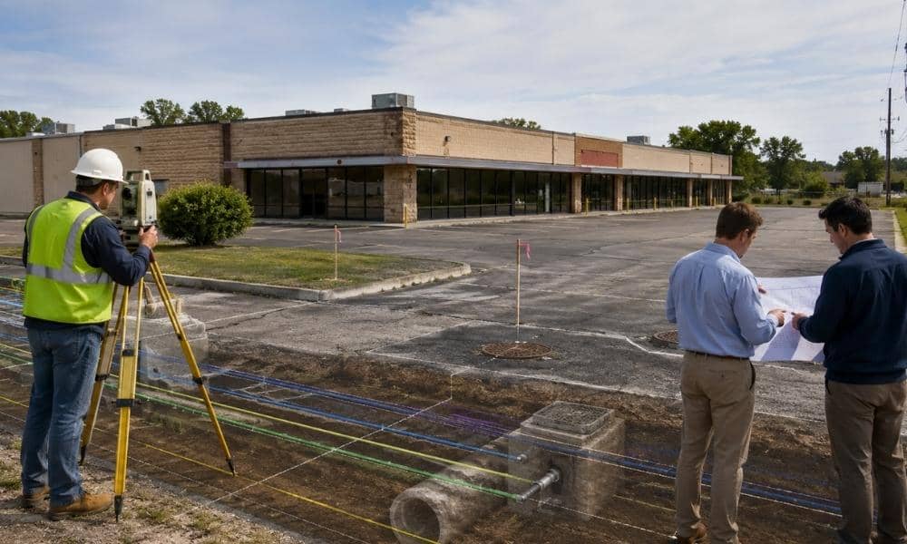 Surveyor and investors reviewing an ALTA survey at a commercial property to identify easements before closing