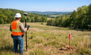 Land surveyor measuring a vacant rural property to estimate boundary survey cost