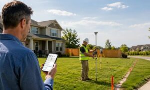 Homeowner searching for a residential land surveyor near me while a licensed surveyor measures property boundaries outside a suburban home