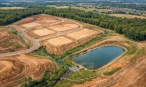 Aerial view of survey mapping and stormwater planning for a new construction site showing topographic contours, drainage channels, graded lots, and a stormwater detention pond