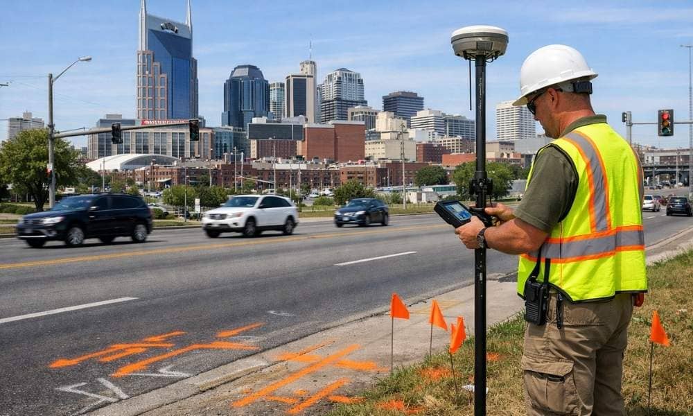 A land surveyor uses GNSS GPS equipment to measure a transportation corridor ahead of planned road, sidewalk, and transit improvements