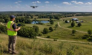 Surveyor using drone mapping to document large rural acreage near Clarksville, Tennessee