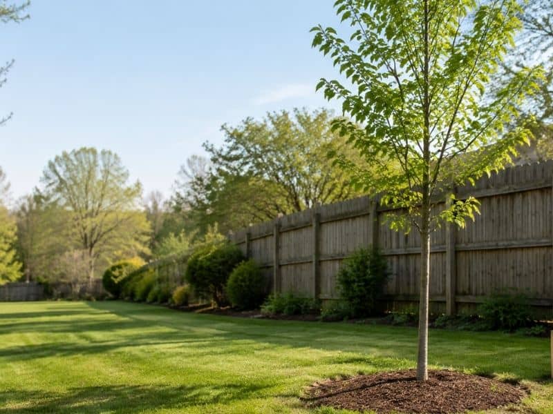 Tree near property line tennessee - ALTA SURVEY Tennessee Young tree planted near a backyard fence and property marker in Tennessee, showing why homeowners should find property lines first